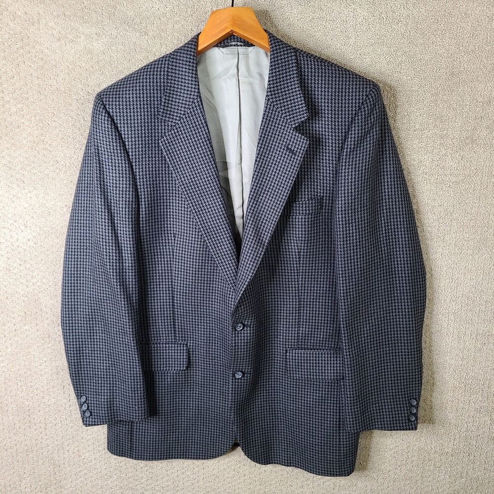 Vintage Kingsridge Jacket Mens 44R Gray Houndstooth Blazer Two Button Wool Blend